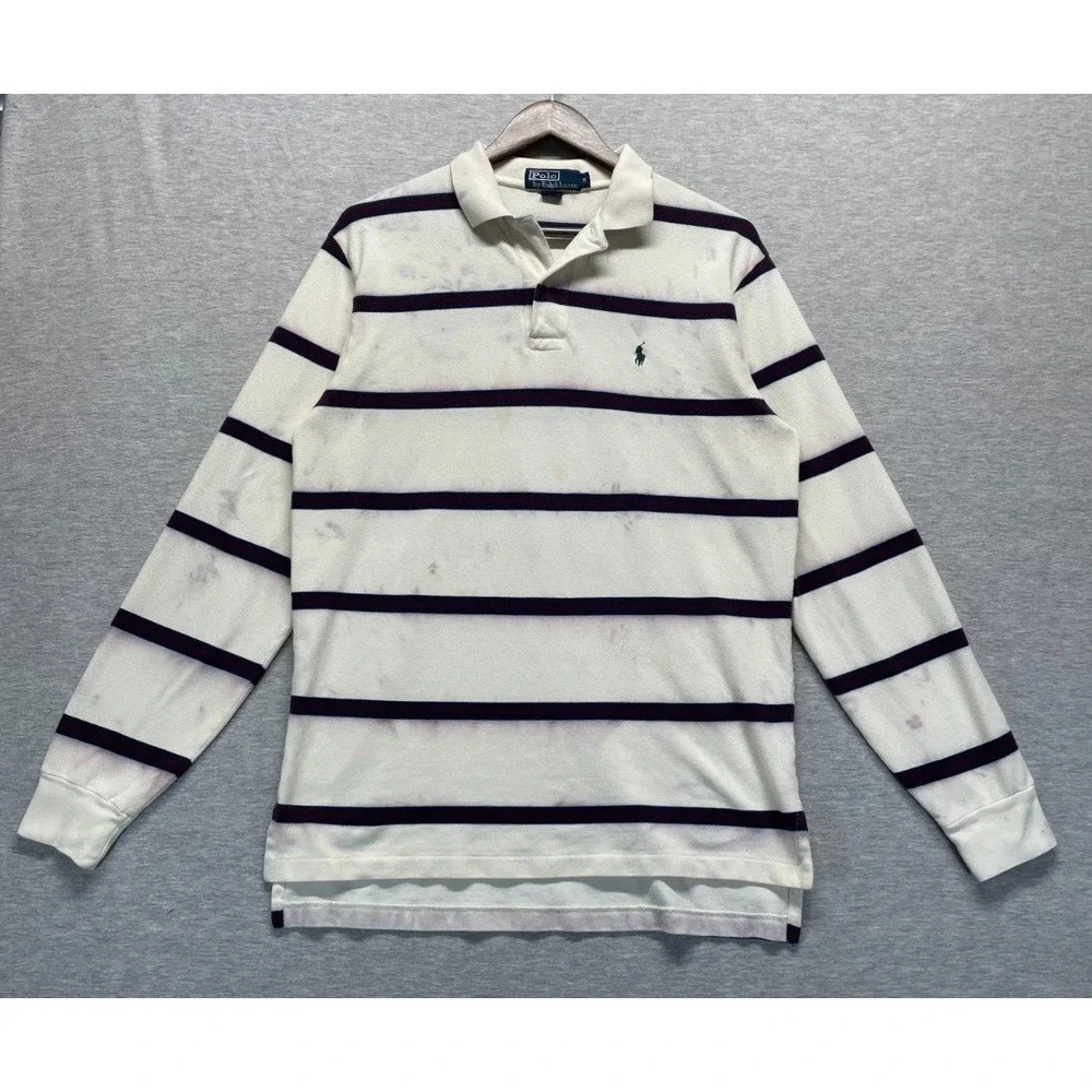 Polo Ralph Lauren Rugby Shirt Mens Medium White Navy Horizontal Striped Tennis